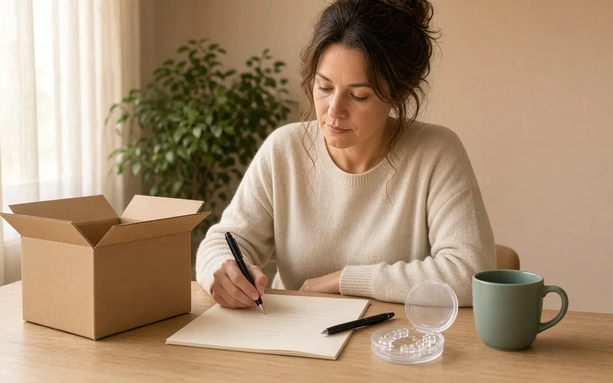 A person at a kitchen table with a mailed aligner box, checklist, and clear aligner trays while reviewing at-home treatment questions.
