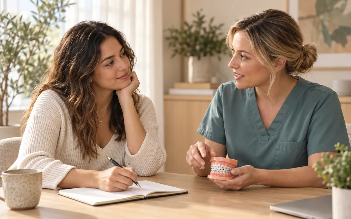 An adult patient taking notes during a conversation with an orthodontic professional.