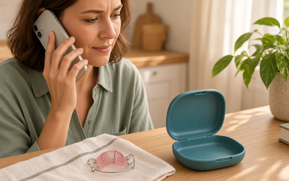 An adult on the phone beside a cracked pink wire-and-acrylic retainer and an intact teal case.
