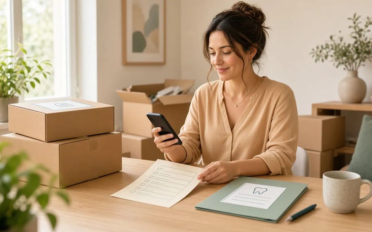 An adult with moving boxes and a folder at a table, phone in hand while planning orthodontic care after a move.