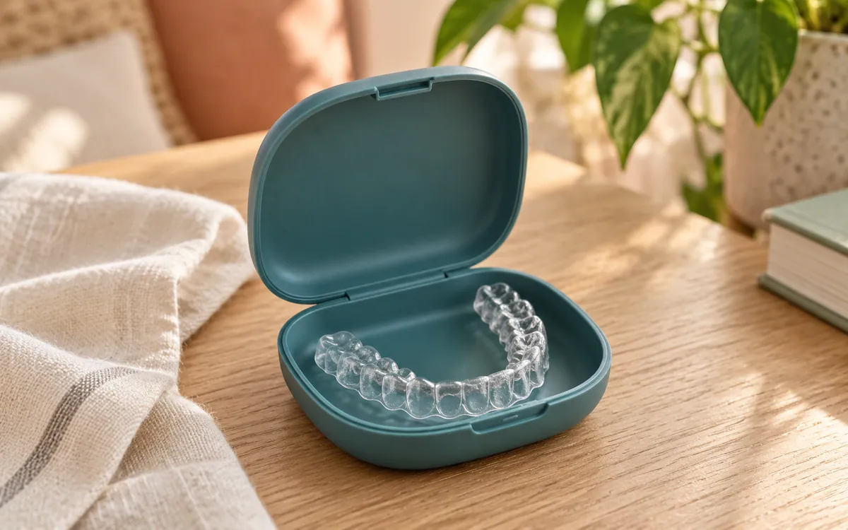 A clear removable retainer resting inside an open teal storage case.