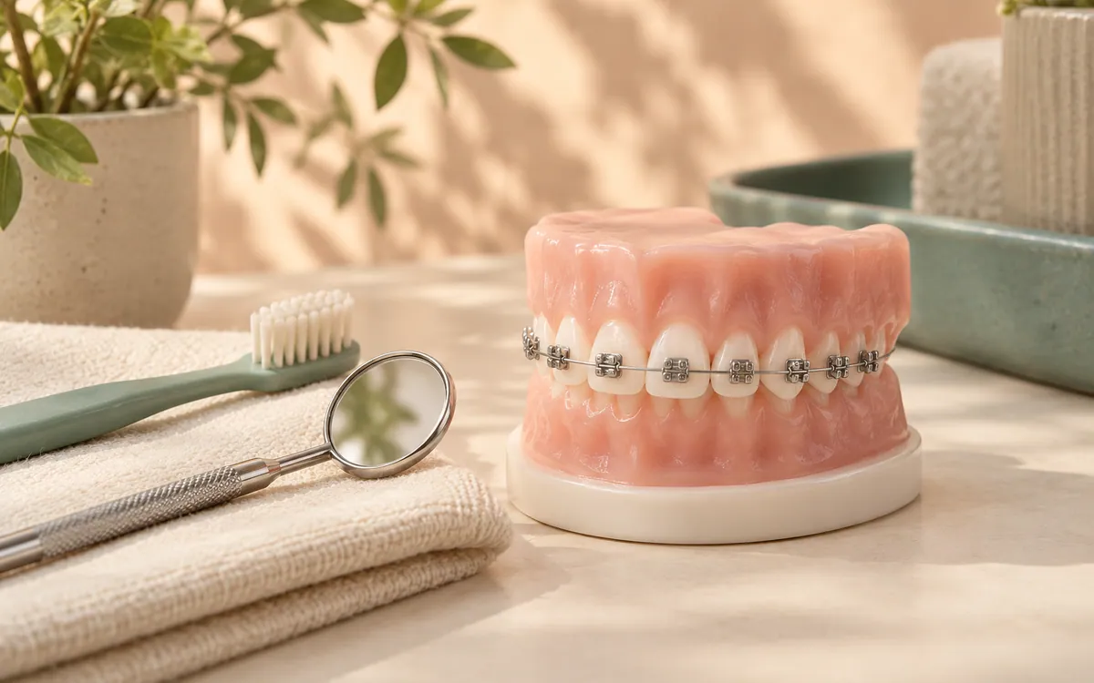 A dental mirror and toothbrush beside a teaching model fitted with braces.